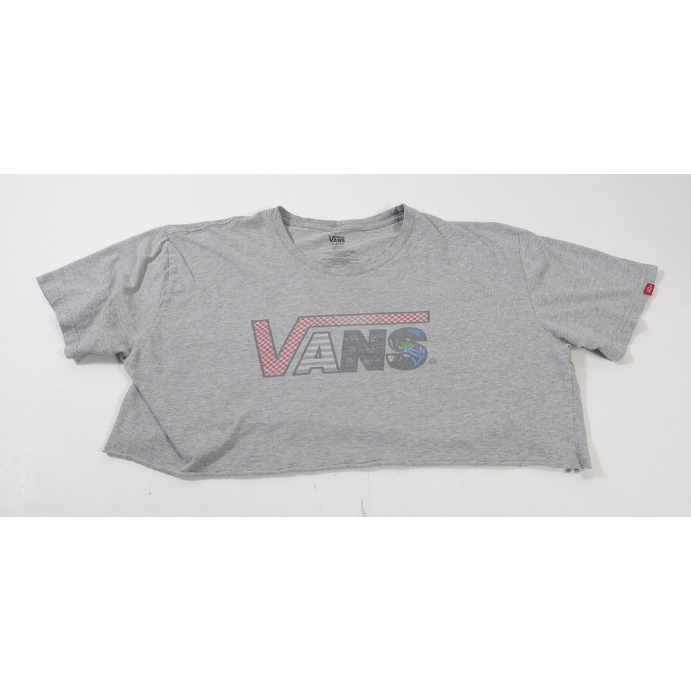 Vans T-Shirt Womens XL Gray Logo Graphic Cut Crop Raw Hem Short Sleeve Tee